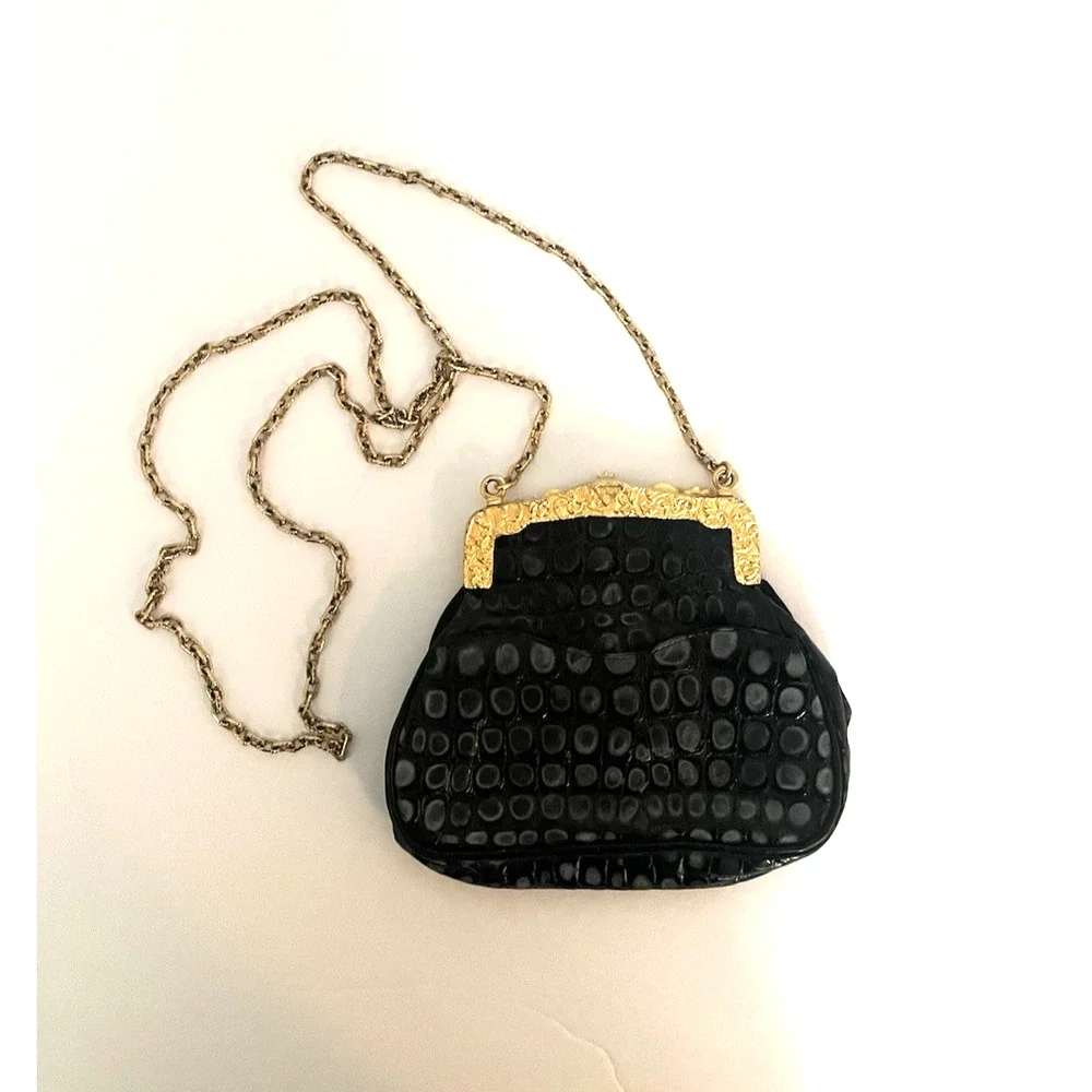 GLEN MILLER FOR ANN TURK EVENING HANDBAG BLACK EMBOSSED LEATHER, EC